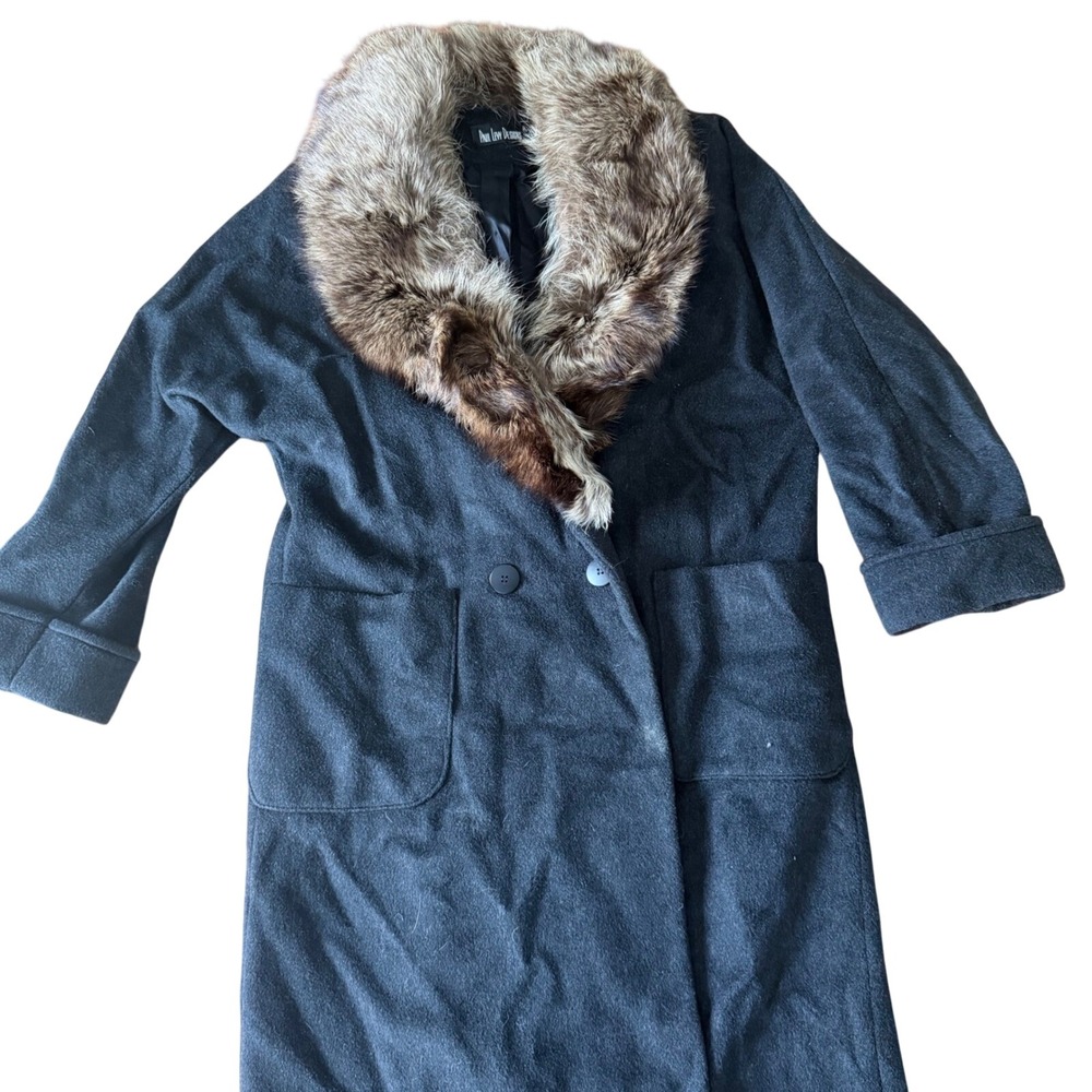 Paul Lew Designs Charcoal Grey Wool Real Fur Collar Long Coat Women XL Old Money